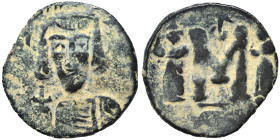 Constantine IV Pogonatus, with Heraclius and Tiberius, 668-685. Follis (bronze, 2.18 g, 18 mm), Syracuse, 668-674. Helmeted and draped bust of Constan...