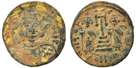 Constantine IV Pogonatus, with Heraclius and Tiberius, 668-685. Fourrée Solidus (gold plated bronze, 3.60 g, 20 mm). Facing bust of Constantine IV, wi...