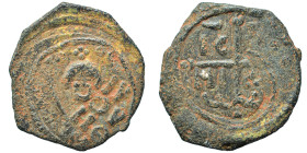 CRUSADERS. Principality of Antioch. Tancred, regent, 1101-1112. Follis (bronze, 4.36 g, 23 mm). Armored, bearded bust of Tancred facing, holding uprai...