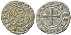 CRUSADERS. Principality of Antioch. Bohémond III, 1163-1201. Denier (silver, 0.67 g, 16 mm). +BOAMVNDVS Helmeted head of a knight to left flanked by c...