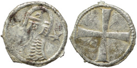 CRUSADERS. Principality of Antioch. Bohémond III, 1163-1201. Denier (silver, 0.33 g, 11 mm). +BOAMVNDVS Helmeted head of a knight to left flanked by c...