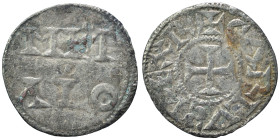FRANCE. Carolingian. Charles the Simple, 898-923. Denier (silver, 0.99 g, 21 mm), Melle. + CΛRLVS REX R, cross pattée. Rev. MET/ΛLO in two lines. Near...