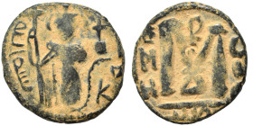 Arab Byzantine. Umayyad Caliphate. Fals (bronze, 4.02 g, 20 mm), (Emesa) Hims. Standing Imperial figure, holding long cross; KAΛON to right, bism alla...
