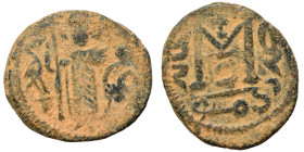 Arab-Byzantine. Circa 680-693 AD. Fals (bronze, 4.21 g, 18 mm), Dimashq (Damascus). Imperial figure standing, facing, holding long cross in his right ...
