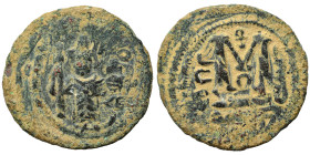 Arab Byzantine. Umayyad Caliphate, circa 685-693 AD. Fals (bronze, 4.25 g, 22 mm), Dimashq (Damascus). Standing imperial figure, holding long cross an...