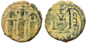 Umayyad Caliphate. AH 41-60 / AD 661-680. Fals (bronze, 3.49 g, 16 mm), Tabariyya (Tiberias). Three Standing Figures type. Three standing imperial fig...