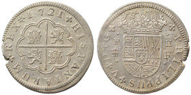 SPAIN. Felipe V, 1700-1746. 2 Reales (silver, 5.77 g, 27 mm), Segovia, 1721. PHILIPPUS V D G Crowned Coat-of-arms. Rev. HISPANIARUM REX Coat-of-arms w...