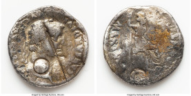 Tiberius (AD 14-37). AR denarius (19mm, 3.70 gm, 11h). AG, banker's marks, test cut, wavy flan. Lugdunum, ca. AD 18-35. TI CAESAR DIVI-AVG F AVGVSTVS,...