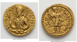 INDIA. Kushan Empire. Huvishka (ca. AD 151-190). AV dinar (20mm, 7.90 gm, 12h). NGC (phot-certificate) XF. Kushan standard, Bactria, main mint (probab...