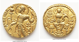 INDIA. Gupta Empire. Samudragupta I (ca. AD 344-378). AV dinar (19mm, 7.68 gm, 12h). Choice XF. Javelin Type. Samarasatavitatavijayo jitaripurajito di...