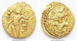 INDIA. Gupta Empire. Samudragupta I (ca. AD 344-378). AV dinar (22mm, 7.45 gm, 12h). Choice Fine, flan crack. Javelin Type. Samarasatavitatavijayo jit...