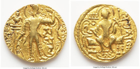 INDIA. Gupta Empire. Samudragupta I (ca. AD 344-378). AV dinar (21mm, 7.78 gm, 12h). Choice VF. Archer Type. Apratiratho vijitya kshitim sucharitair d...