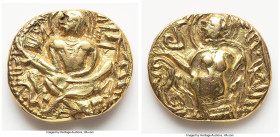 INDIA. Gupta Empire. Samudragupta I (ca. AD 344-378). AV dinar (20mm, 7.45 gm, 1h). XF, ex-jewelry. Lyrist Type. Maharajadhirajah Sri-Samudraguptah (B...