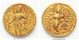INDIA. Gupta Empire. Kachagupta (ca. AD 382). AV dinar (20mm, 7.75 gm, 11h). Choice VF. Chakradhvaja Type. Kacho gam avajitya dyam karamabhir uttamair...