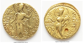 INDIA. Gupta Empire. Kachagupta (ca. AD 382). AV dinar (21mm, 7.40 gm, 12h). VF, banker's mark. Chakradhvaja Type. Kacho gam avajitya dyam karamabhir ...