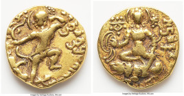 INDIA. Gupta Empire. Chandragupta II Vikramaditya (ca. AD 383-412). AV dinar (19mm, 7.69 gm, 12h). XF. Lion Slayer Type. Narendrachandrandrah prathita...