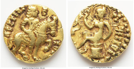 INDIA. Gupta Empire. Kumaragupta I Mahendraditya (ca. AD 407-450). AV dinar (19mm, 8.24 gm, 11h). Choice XF. Horseman Type. Kshitipatirajito vijayi Ku...
