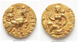 INDIA. Gupta Empire. Kumaragupta I Mahendraditya (ca. AD 407-450). AV dinar (19mm, 8.21 gm, 1h). VF, flan crack. Horseman Type. Kshitipatirajito vijay...