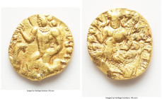 INDIA. Gupta Empire. Kumaragupta I Mahendraditya (ca. AD 407-450). AV dinar (18mm, 8.21 gm, 11h). Good. Karttikeya Type. Jayati svagunair gunarasir Vr...