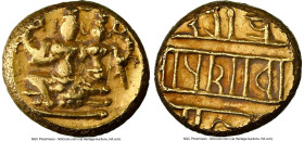 Vijayanagar-Sangama. Devaraya I gold Pagoda ND (1406-1422) AU55 NGC, Fr-352, Mitch-879. 3.43gm. Featuring a seated Shiva-Parvati, as Siva holds antelo...
