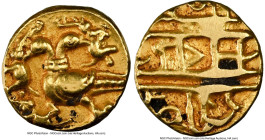 Vijayanagar-Tuluva. Achyutaraya gold 1/2 Pagoda ND (1529-42) AU Details (Reverse Damage) NGC, Mitch-671. The two-headed mythical eagle, Gandabherunda,...