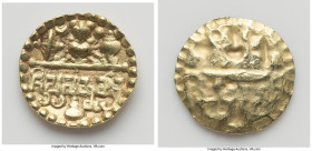 Sharabhapuriya. Prasannamatra gold Unit ND (AD 525-550) XF, Mitch ATEC-5207. 1.31gm. Garuda facing, flanked by moon and conch above Brahmi legend sri ...