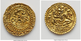 Kadambas of Hangal. Uncertain Ruler gold Pagoda ND (c. 1030-1252) AU, Mitch-229. Hanuman seated facing, head right; conch and ankus at feet; nakara in...