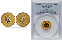 Elizabeth II gold "Year of the Tiger" 15 Dollars (1/10 oz) 2010-P MS69 PCGS, Perth mint, KM1375. Lunar Series. HID09801242017 © 2025 Heritage Auctions...