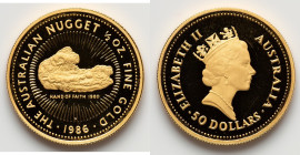 Elizabeth II gold Proof "Australian Nugget - Hand of Faith Nugget 1980" 50 Dollars (1/2 oz) 1986-P UNC, Perth mint, KM91. HID09801242017 © 2025 Herita...