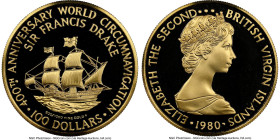British Colony. Elizabeth II gold Proof "400th Anniversary of Drake's Voyage - The Golden Hind" 100 Dollars 1980-FM PR69 Ultra Cameo NGC, Franklin min...