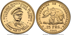 Democratic Republic gold Proof "5th Anniversary of Independence" 25 Francs 1965 PR67 NGC, KM4. Mintage: est. 3000. Approximately 70 percent were melte...