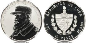 Republic silver Reverse Proof Pattern "Fidel Castro - 40th Anniversary of Moncada" 10 Pesos (1 oz) 1993 PR66 NGC, Havana mint, KM-Pn14, Aledon-PPV20. ...