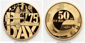 Republic gold Proof "D-Day 75th Anniversary" 50 Euros (1/4 oz) 2019 UNC, Paris mint, KM-Unl. Mintage: 750. 7.78gm, 22mm. Accompanied by original case ...