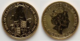 Elizabeth II gold "Black Bull of Clarence" 100 Pounds (1 oz) 2018 UNC, S-QBBGC5. The Queen's Beasts series. HID09801242017 © 2025 Heritage Auctions | ...