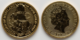Elizabeth II gold "Unicorn of Scotland" 100 Pounds (1 oz) 2018 UNC, S-QBBGC4. The Queen's Beasts series. HID09801242017 © 2025 Heritage Auctions | All...