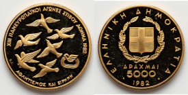 Republic gold Proof "Pan-European Games - Birds Flying" 5000 Drachmai 1982 UNC, KM144. Mintage: 50,000. Issued for the 13th Pan-European games. HID098...