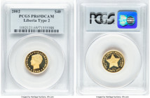 Republic gold Proof "Coiled Hair" 40 Dollars (1/4 oz) 2002 PR69 Deep Cameo PCGS, KM-Unl, Fr-105l. Type 2. Mintage: 380. Reproduction of the coiled hai...