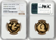 Shah Dynasty. Birendra Bir Bikram gold Proof "Year of the Child" 10 Asarphi VS 2031 (1974) PR69 Ultra Cameo NGC, Valcambi SA mint, KM852. Struck in 19...