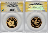 Shah Dynasty. Birendra Bir Bikram gold Proof "Year of the Child" 10 Asarphi VS 2031 (1974) PR68 Deep Cameo ANACS, Valcambi SA mint, KM852. Struck in 1...