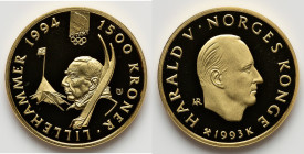 Harald V gold "1994 Winter Olympics - Roald Amundsen" 1500 Kroner 1993 UNC, Norwegian Mint, KM452. HID09801242017 © 2025 Heritage Auctions | All Right...