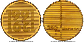 Confederation gold "700 Years of Confederation Anniversary" 250 Francs 1991-B MS67 NGC, Bern mint, KM71.2. Edge: 1291÷1991 Confoederatio Helvetica. HI...