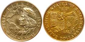 1992-W Christopher Columbus Quincentenary $5 Gold. PCGS MS69