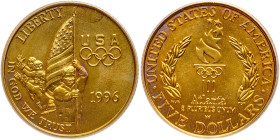1996-W 100th Olympics Flag Bearer $5 Gold. PCGS MS69