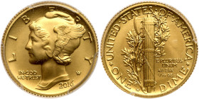 2016-W. Mercury Dime Centennial 1/10th ozt 24K Gold Coin