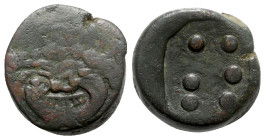 Sicily, Himera, c. 430-420 BC. Æ Hemilitron (26mm, 19.84g). Gorgoneion. R/ Six pellets. CNS I, 1; HGC 2, 462. VF