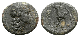 Sicily, Leontinoi, late 3rd - early 2nd century BC. Æ (16mm, 3.68g, 12h). Wreathed head of Dionysos r. R/ Warrior standing facing, holding spear and s...