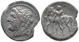 Sicily, Messana, The Mamertinoi, c. 220-200 BC. Æ Pentonkion (26mm, 17.17g). Laureate head of Ares l.; sword in scabbard behind. R/ Warrior, horse beh...