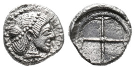 Sicily, Syracuse. Hieron I (478-466 BC). AR Obol (9mm, 0.68g), c. 475-470. Diademed head of Arethusa r. R/ Wheel of four spokes. SNG ANS 116-8; HGC 2,...