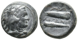 Kings of Macedon, Alexander III 'the Great' (336-323 BC). Æ Unit (18m, 5.79g). Head of Herakles r., wearing lion skin. R/ Bow in bow-case and club. Go...
