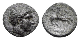 Kings of Macedon, Philip III Arrhidaios (323-317 BC). Æ 1/4 Unit (10mm, 1.24g, 9h). Miletos, 323-317 BC. Diademed head of Apollo r. R/ Horseman riding...